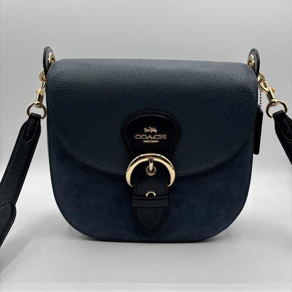 Coach Kleo Shoulder Bag 23 Denim Blue Suede Pebbled Leather C5688 Gold Hardware - Picture 1 of 16